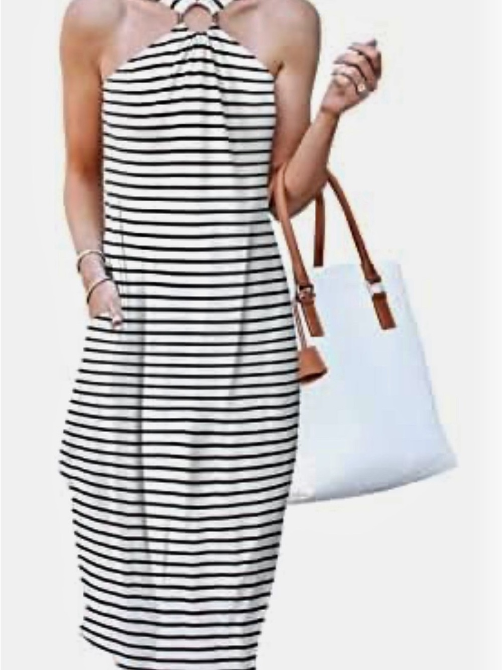 Women's Striped Halter Maxi Dress in Black & White